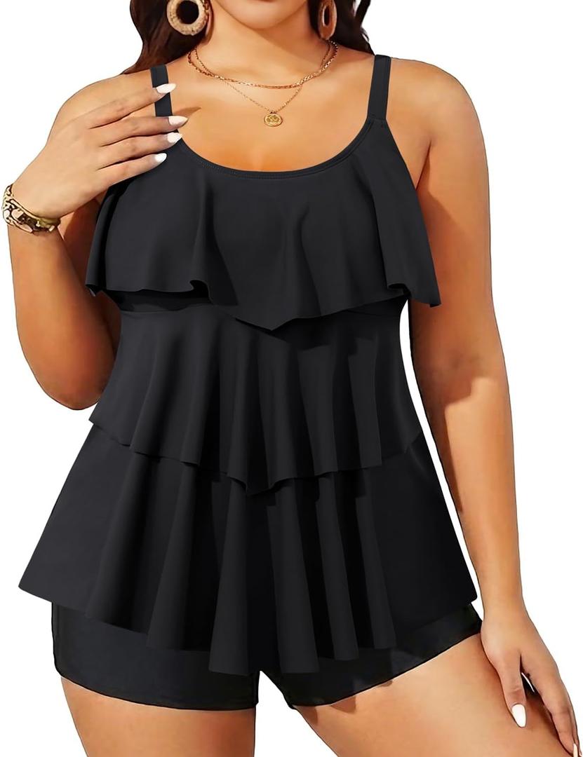 Yonique Women's Plus Size Tankini Swimsuits with Shorts Two Piece Bathing Suits Ruffle Swimsuits Tummy Control Swimwear (Black, L)