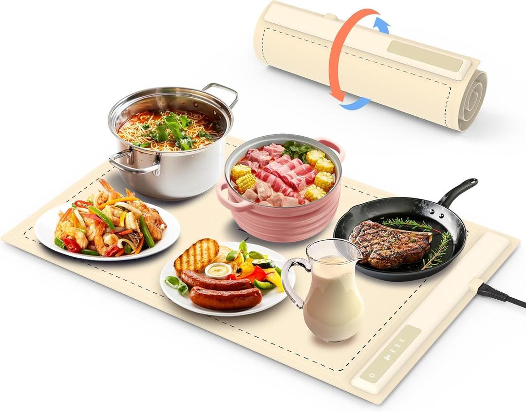 Electric Warming Tray - 3 Modes &Full Surface Heating, Rollable & Portable, Premium Silicone Nano-Material, 3 Temperature Settings, Auto Shut-Off -Versatile Food Warmer for Gatherings, Parties (Cream)