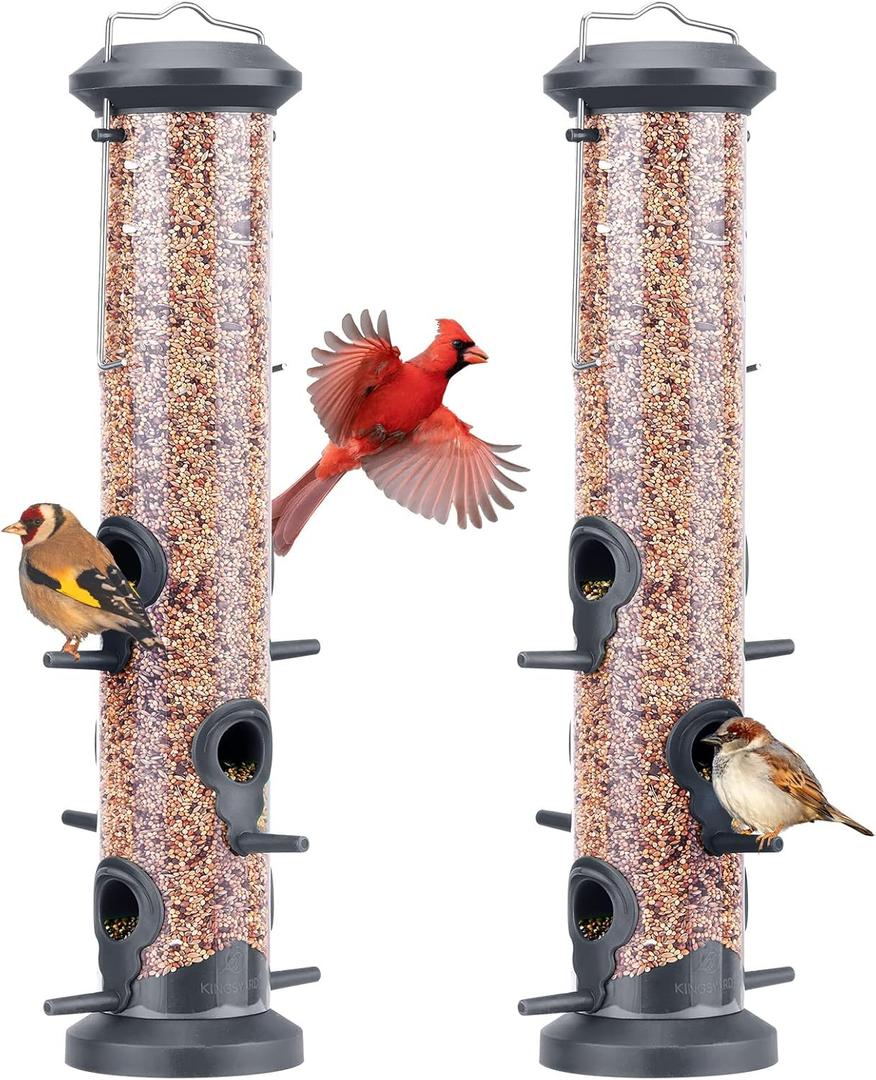 2 Packs Grey Bird Feeder Tube Hanging Feeders, 6 Port Wild Bird Feeders Premium Hard Plastic with Steel Hanger Weatherproof and Water Resistant Great for Attracting Birds 18.2 Inches Large