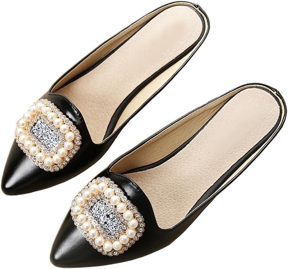 Rhinestone Mules for Women Flats Shoes Slip On Backless Loafer Pointed Toe Dress Mule Slides (6, Pu/Black)