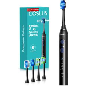 COSLUS Sonic Electric Toothbrush for Adults: 3 Intensities & 5 Modes Gum-Friendly for Deep Cleaning & Whitening - 2 Types of Heads for Family, Sensitive Teeth, Braces, Travel & Home Use, Black, 1PC