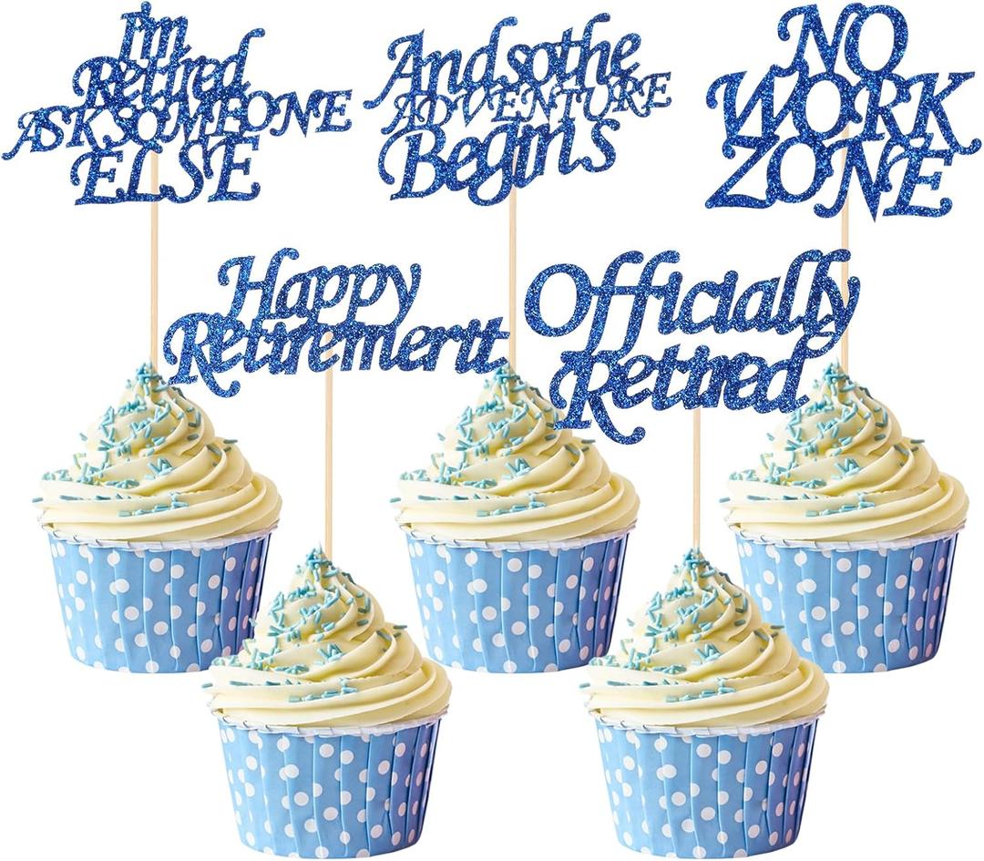20 PCS Happy Retirement Cupcake Toppers, Glitter Officially Retired Cake Decorations No Work Zone Adventure Begins Cupcake Decor for Retirement Theme Farewell Birthday Party Supplies (Dark Blue)