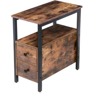 HOOBRO End Table, Narrow Chairside Table with Drawer and Open Storage Shelf, Nightstand for Small Spaces, Stable and Sturdy Construction, Wood Look Accent Furniture, Rustic Brown and Black BF548BZ01G2