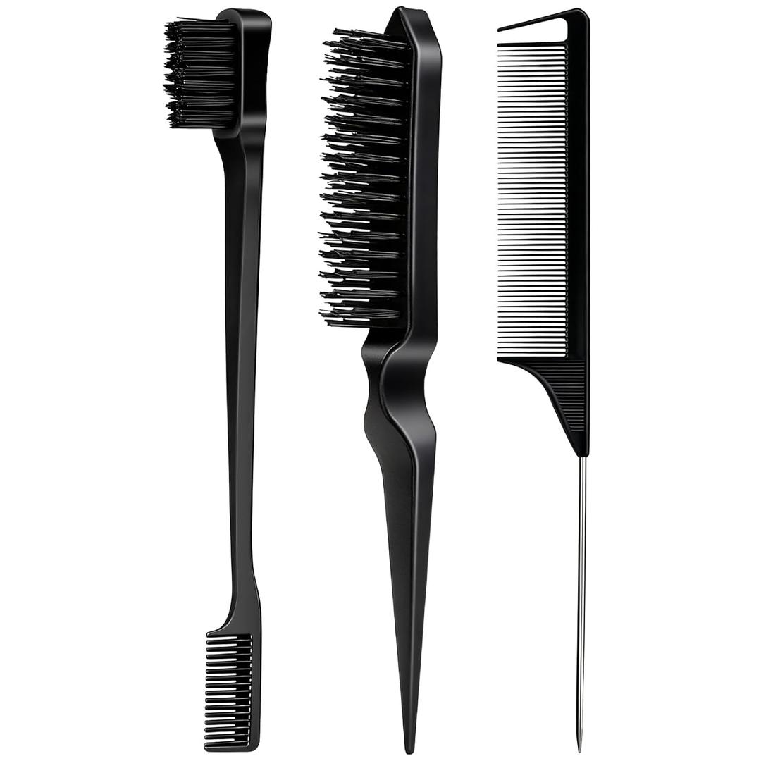 3 Pieces Hair Styling Comb Set Teasing Brush Rat Tail Comb Edge Brush for Edge&Back Brushing, Combing, Slicking Hair for Women (Black)