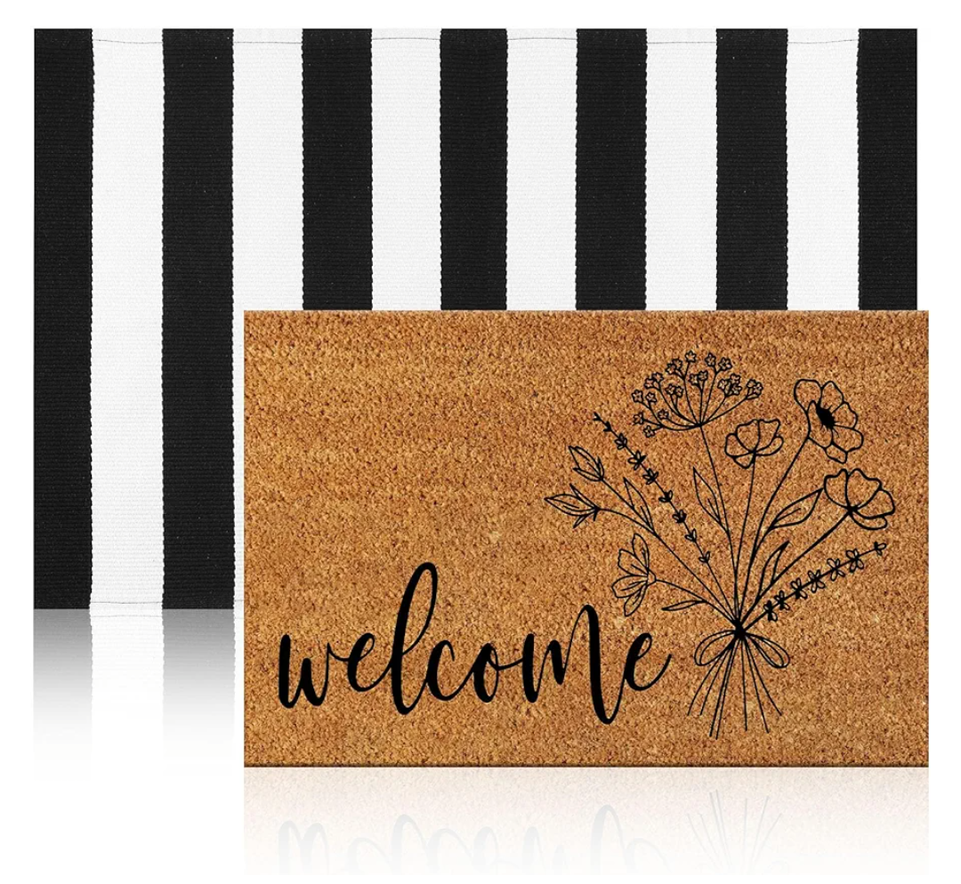 Duraaamo 2 Pcs Spring Coir Doormat Outdoor Flower Welcome Outdoor Rug Front Porch Mats Layered Black and White Stripe Rugs for Spring Front Porch Entryway Decor, Simple Flowers