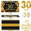30th Birthday Decorations for Him Her with 30th Birthday Banner, Black and Gold Table Cloth, Number Balloons, Large Sash, Cake Topper and Candles