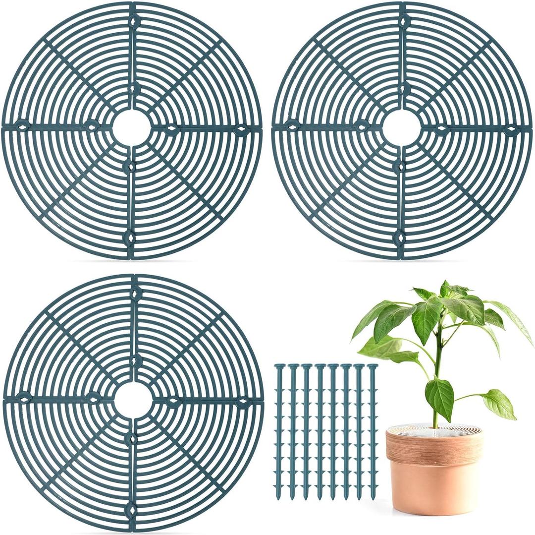 Sawysine 3 Pcs Plant Pot Cover Plant Protector from Animal Flower Pot Grid with Center Cutout Flower Cover Soil Protectors (11.8 in,Blackish Green)