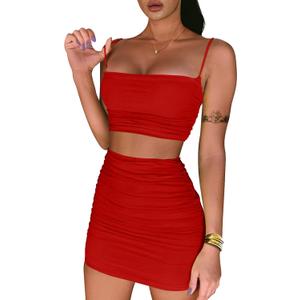 BEAGIMEG Women's Ruched Cami Crop Top Bodycon Skirt 2 Piece Outfits Dress (Red, S)