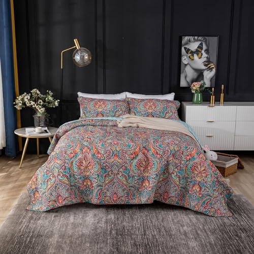 YASMENG 100% Cotton Boho Quilt Set King Size Colorful Gorgeous Paisley Mandala Floral Reversible Quilted Bedding Bohemian Vibrant Exotic Soft Breathable Bedspread Coverlet Set for All Seasons