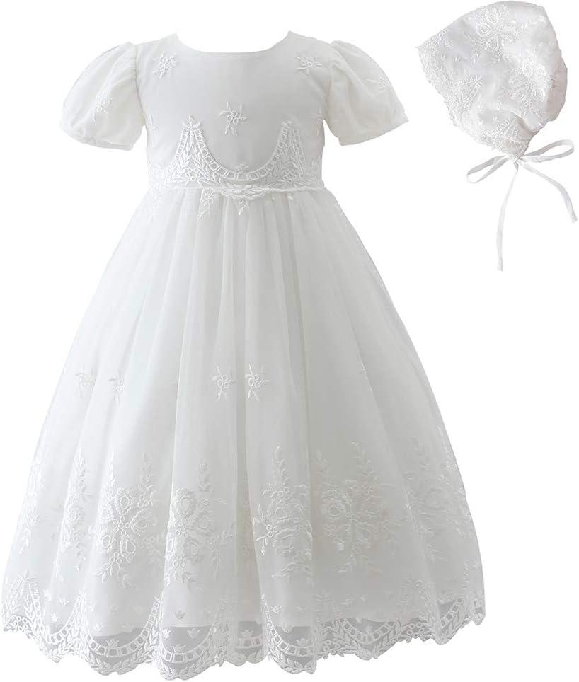 Silver Mermaid Baby Girls Christening Baptism Dress Special Occasions Lace Floral Embroidered Christening Gown(6M, Ivory White)