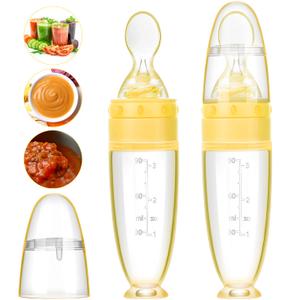 2 Pieces Silicone Baby Spoons Baby Feeding Spoon with Standing Base for Infant 0-24 Months Dispensing and Feeding (Yellow)