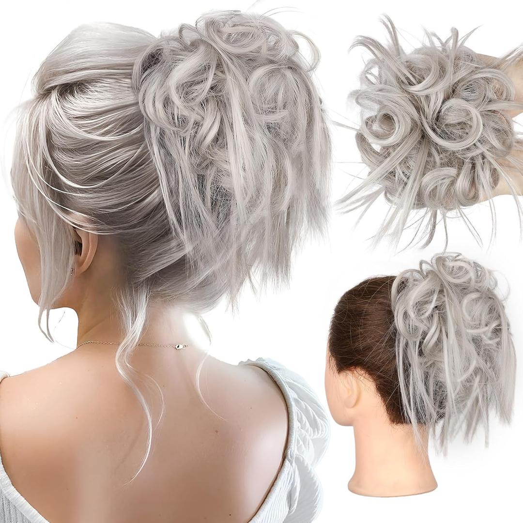HMD Tousled Updo Messy Bun Hairpiece Hair Extension Ponytail with Elastic Rubber Band Updo Ponytail Hairpiece Synthetic Hair Extensions Scrunchies Ponytail Hairpieces for Women (Silver Gray4503)