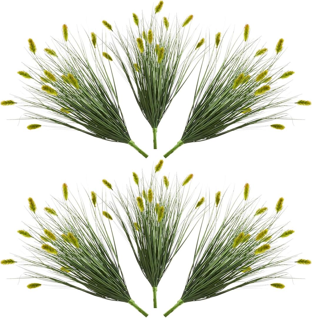 24 inches Extra Lush Artificial Reed Grass (6pcs), Luxury Fake Plants with 13 Heads Dogtail Flower, Luxury Faux Greenery with Dogtail for Garden Porch and Home Decor (Green-13)