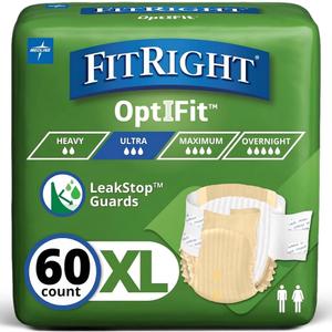 FitRight Ultra Heavy Absorbency Adult Diapers for Men & Women, Waist Size: X-Large 56-64 inches, OptiFit Incontinence Disposable Briefs with Leak Protection for Seniors, 60 Count