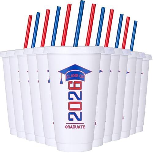 Potchen 12 Pcs 2026 Graduation Plastic Cups 24 oz Class of 2026 Graduate Tumbler with Lids Straws Reusable Drinking Juice Cups Graduation Party Supplies for College High School(White,Red and Blue)