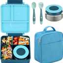 Bento Lunch Box Set for Kids with 8oz Soup Thermo, Leak-Proof Lunch Containers with 4 Compartment, Kids Thermo Hot Food Jar and Insulated Lunch Bag for Kid to School-Blue