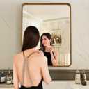 LOAAO 24X32 Inch Bathroom Mirror with Wood Grain Colored Metal Frame, Rounded Rectangle Metal Framed Bathroom Mirror, Anti-Rust, Hangs Horizontally or Vertically