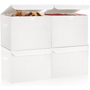 Large 22 Quart Linen Fabric Foldable Storage Bin Cube Organizer Basket with Flip-Top Lid & Handles, Clothes Blanket Box for Home, Office, Closet, White, 4 Pack 14.6 x 9.5 x 9.5