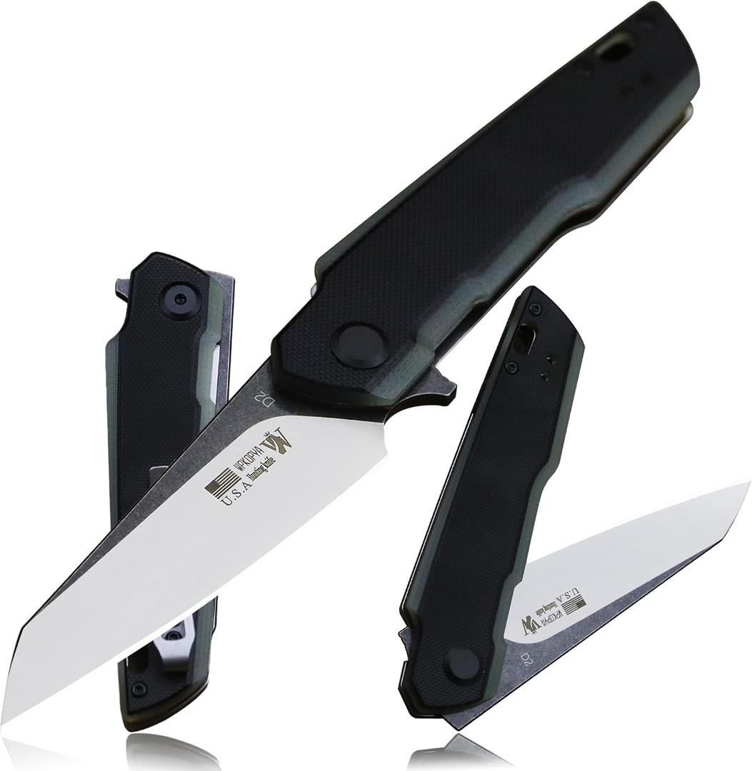 7.8 in Folding Pocket Knife with D2 Steel Blade, G10 Handle, Ball Bearing Pivot, Stonewashed Finish Outdoor EDC Utility Tool for Camping, Hiking, Survival Use(G10 - Black/Onyx Color)