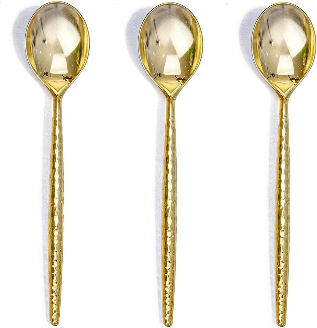 U-QE 60 PCS Gold Plastic Spoons - 7.7 Inch Hammered Heavy Duty Plastic Spoons - Elegant Gold Plastic Silverware - Perfect for Parties & Weddings and Other Daily Events