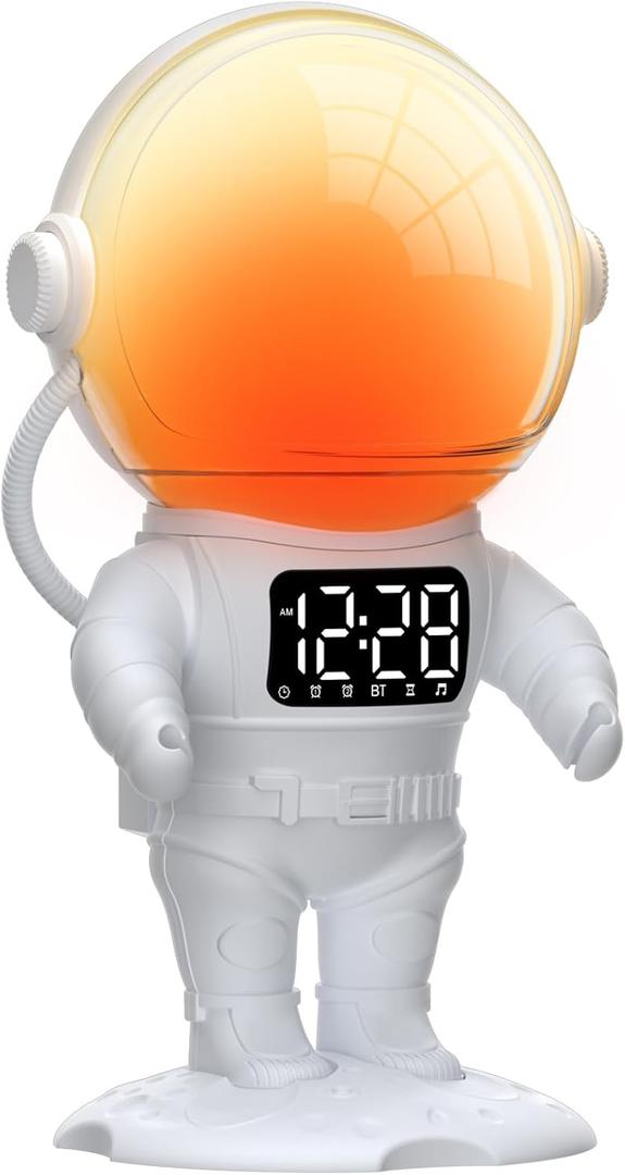 Astronaut Sunrise Alarm Clock for Kids, White Noise Sound Machine with 30 Soothing Sounds, 22 Dimmable Nightlights, Bluetooth Speaker, Dual Digital Alarm Clocks, Wake Up Light for Bedroom, Adults