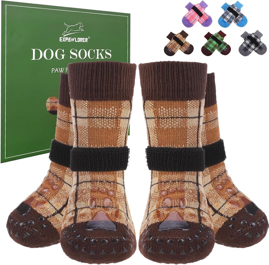 EXPAWLORER Dog Socks for Hardwood Floors, Dog Booties for Winter, Dog Boots & Paw Protectors Pavement to Prevent Licking, Anti Slip Dogs Shoes for Senior Dogs,Khaki L