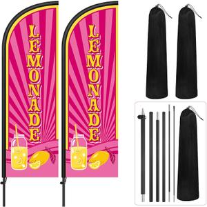 Remagr 2 Pack Lemonade Feather Flag 7 ft Advertising Swooper Flag Sign Windless Lemonade Banner with Pole Kit and Ground Stake for Businesses Restaurants Outside Ground(Rose Pink)