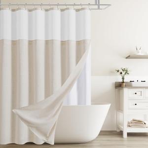 Naturoom Beige Linen Shower Curtain with Snap in Liner Set Rustic Farmhouse Shower Curtains for Bathroom 200GSM Textured Cream Burlap Cloth Double Bath Curtains with See Through Top Window 72x72