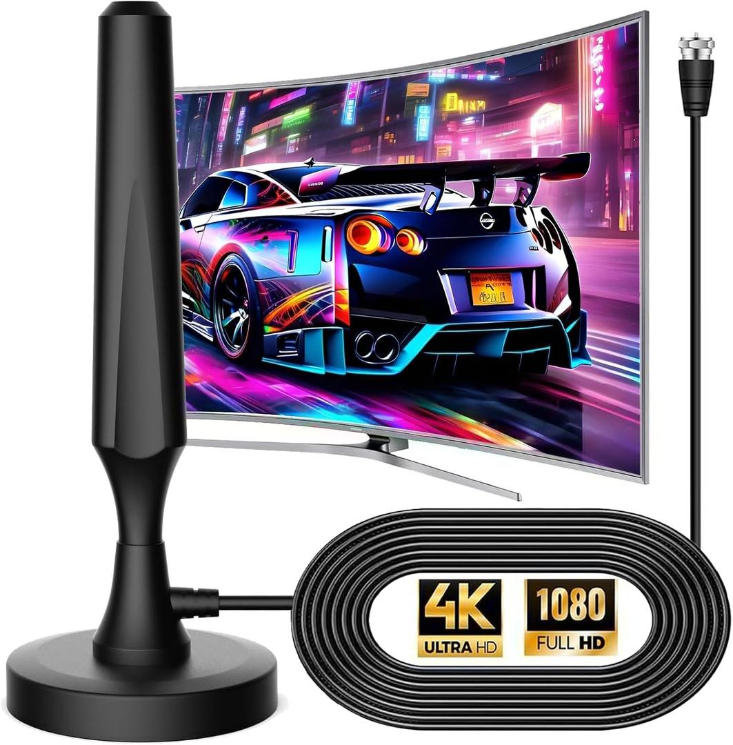 TV Antenna for Smart TV Indoor TV Antenna for Easy Installation Long Range Reception HD Antennas for TV Indoor 4k 1080P Channels Strong Magnetic Base-16.5 ft Long Cables (Black)