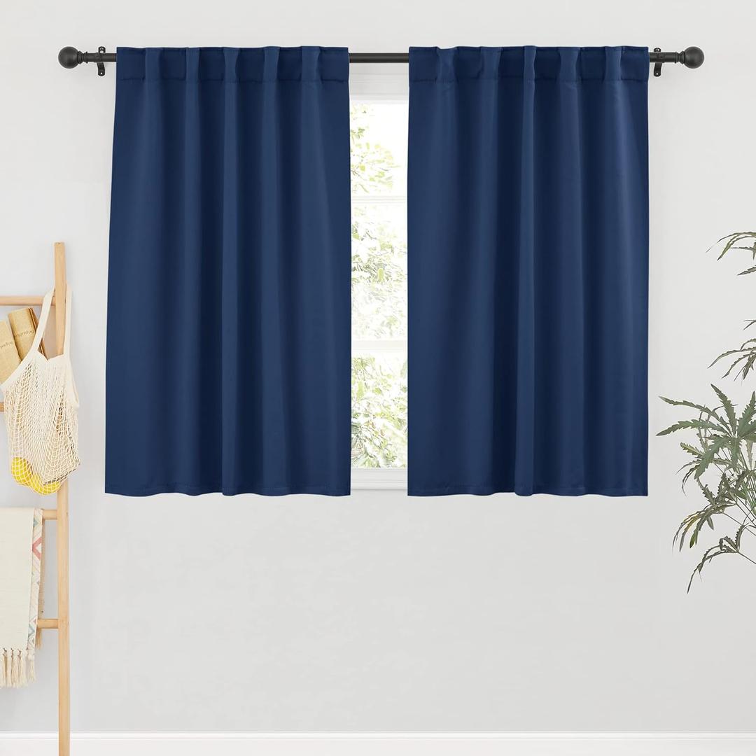 RYB HOME Blackout Curtains for Bedroom - Small Window Treatment Panels Full Privacy Thermal Insultaed Solar Drapes for Bathroom Dining Basement, Wide 42"  x Long 45", Navy, 2 Pcs