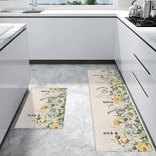 Kitchen Runner Rug, Lavender Daisy Flower Eucalyptus Leaves Vintage Spring Sunmmer Floral Non Slip Runner Carpet Door Mats Floor Mat for Laundry Bedside Bathroom Bedroom Set of 2