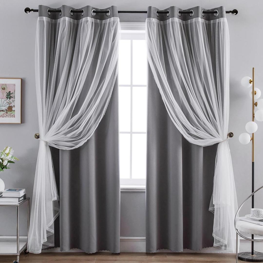 Anytime Home Curtains Blackout and Sheer Layered Solid Window Curtain Panel Pair with Grommet Top, 52Wx84L,Grey