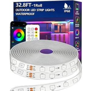 32.8FT Outdoor LED Strip Light Waterproof, IP68 Outside RGB Light Strip with App/Remote Control, Chase Mode, Music Sync Rope Light for Balcony, Deck, Rooftop, Garden, Pool