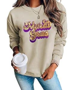 SELINK Womens Mardi Gras Sweatshirt Oversized Crewneck Sequin Long Sleeve Casual Pullover Tops Khaki-M