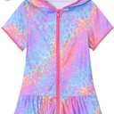 LUCKYGAL Girls Swimsuit Cover Up Zip-Up Terry Swim Coverup Rainbow Leopard Beach Bathing Suit Wraps, Size 8 9