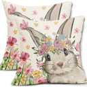 Spring Easter Pillow Covers 18x18 Set of 2 Cute Bunny Rabbit Floral Easter Decorations Watercolor Pink Flower Butterfly Decorative Throw Pillow Cases Outdoor Farmhouse Decor for Sofa Couch Bed