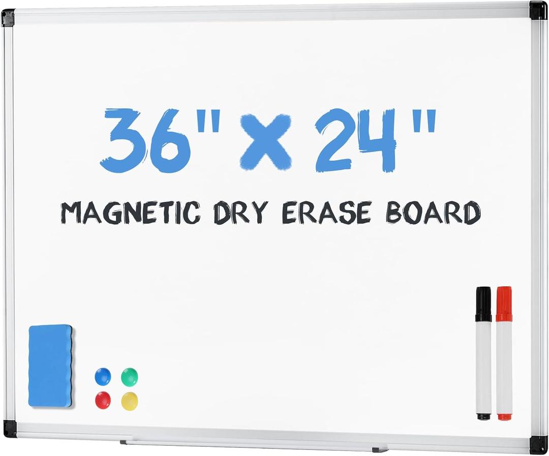 DUMOS Magnetic White Board Kit for Wall 36" x 24", Dry Erase Board with 1 Dry Eraser & 2 Multicolor Markers & 4 Magnetic Pins, Reinforced Aluminum Frame for Home, School, Office