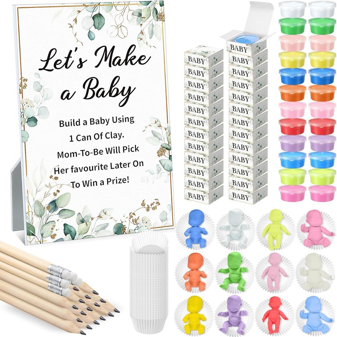 Blosssound Greenery Eucalyptus Baby Shower Decorations Games, Lets Make a Baby Playdough Game Set, 103 Pcs Funny Shower Gender Reveal Activities for 24 Guest Adult Boy Gril Large Group