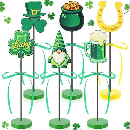 Leinuosen 6 Pcs St. Patrick's Day Table Decorations Wooden Signs Irish-Themed Lucky Green Shamrocks Table Centerpieces with Ribbon St. Patrick's Tiered Tray Decor for Home Party Decor