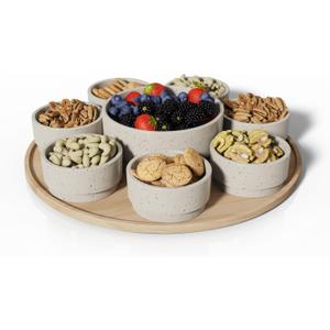 Dip Serving Tray - Snack Platter Round - Ceramic Serving Tray - Chip & Dip Sets with 7 Stackable 3oz Bowls and 1x14 oz Bowl - Dishwasher, Microwave and Oven Safe (Warm Grey) (Brown - Round)