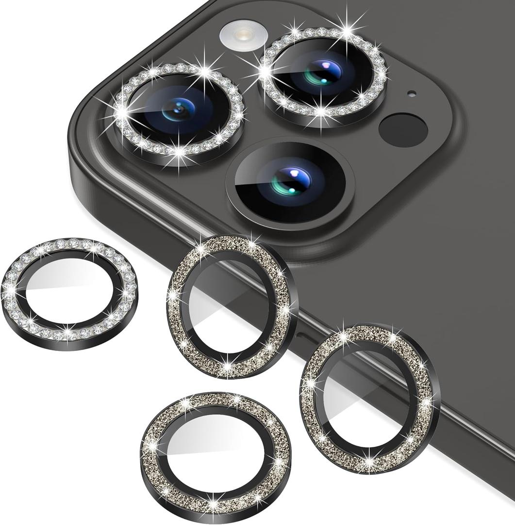 AGVEE 3+3 6 Pack for iPhone 15 Pro 6.1" / 15 Pro Max 6.7" Camera Lens Protector, Bling Diamond & Bling Glitter Metal Ring 9H Tempered HD Glass Camera Cover Film, Bling-Black