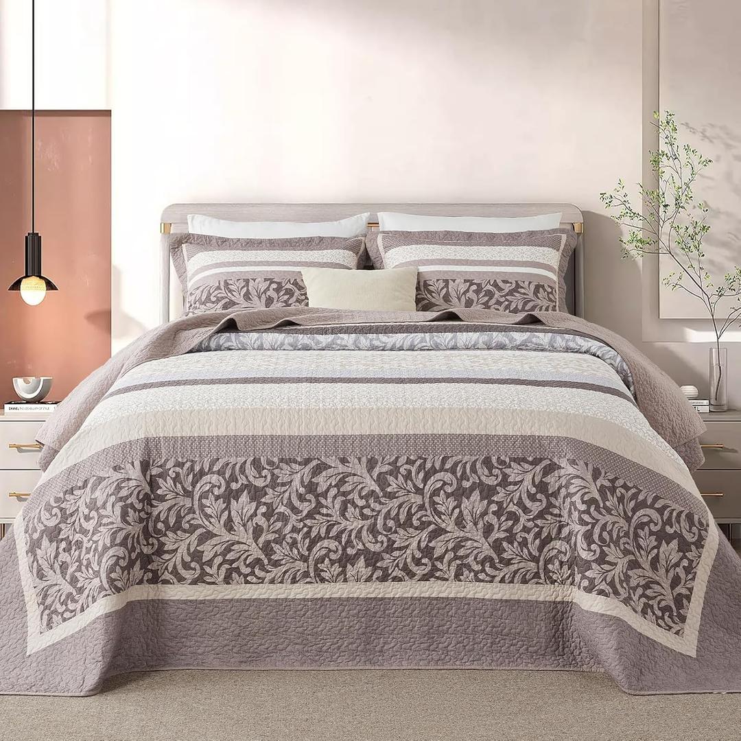Bedduvit 100% Cotton 120"x120" Oversized King Bedspread - Farmhouse Oversized Quilt King Size, 3 Pieces Striped Botanical Pattern Lightweight Bedspreads Coverlet Set, All Seasons, Brown/Gray/Beige
