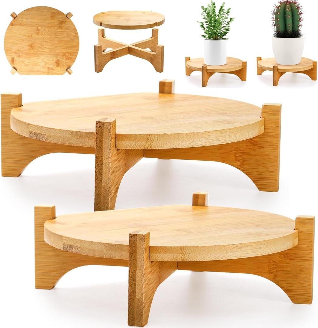 Pack of 2 Bamboo Plant Stand, Mid Century Modern Planter Stand, Detachable Flower Pot Holder, Sturdy Potted Plant Rack for Indoor Outdoor Garden Home, Fits Up to 8 Inch Planter (Pot Not Included)