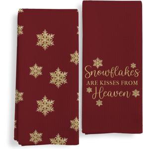 Qeheb Vintage Christmas Snowflake Kitchen Towels Set of 2, Red Christmas Dish Tea Towels for Kitchen, Rustic Winter Holiday Xmas Snowflake Decorative Hand Towels for Bathroom Decor, 16X24In