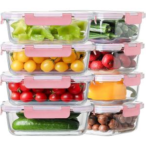 8 Pack 36oz Large Glass Meal Prep Containers with lids, Glass Food Storage Containers with Leak Proof Snap Lock Lids , Airtight Bento lunch Boxes, Kitchen Storage, Oven and Dishwasher Safe-Pink