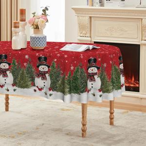 Horaldaily Christmas Tablecloth 6084 Inch Oval, Winter Snowman Trees Red Washable Seasonal Table Cover for Party Picnic Dinner Decor