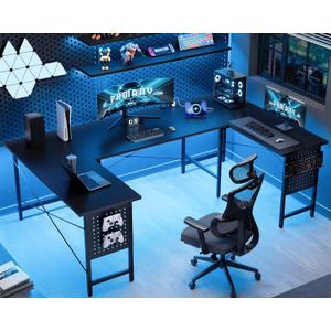 Pamray 71 Inch Large Computer Desk with Power Outlets,U Shaped Corner Desk for Home Office Work and Gaming Black