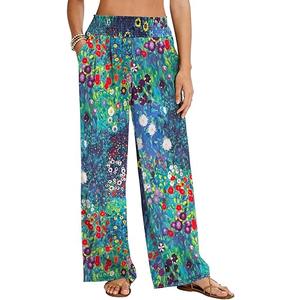 LOMON Womens Elastic High Waisted Palazzo Pants Casual Wide Leg Long Beach Vacation Trousers with Pockets, Large 
