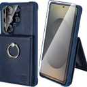 VANAVAGY Wallet Case for Galaxy S25 Ultra for Women Men, PU Leather Phone Case Wallet with Magnetic Clasp RFID Blocking Card Holder Coin Pocket with Ring Holder for S25 Ultra 6.9 inch, Navy Blue