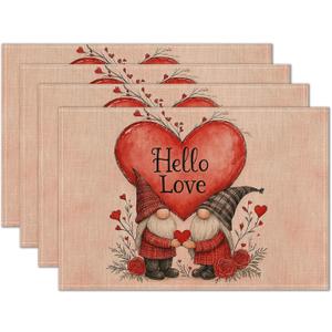 Valentine Placemats Set of 4 12x18 inch Gnome Table Mats for Dining Linen Placemats Farmhouse Kitchen Decorations Desk Mat for Outdoor Home Party Kitchen Seasonal (Color*39)